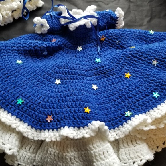 Hand Crochet Doll Dress Set, Includes: Blue and White Dress, Bloomers, Bonnet - Picture 3 of 3
